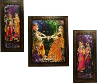 Indianara 3 PC SET OF RADHA KRISHNA PAINTING WITHOUT GLASS (1136) 5.2 X 12.5, 9.5 X 12.5, 5.2 X 12.5 INCH Digital Reprint 12.5 inch x 9.8 inch Painting