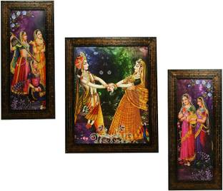 Indianara 3 PC SET OF RADHA KRISHNA PAINTING WITHOUT GLASS (1136) 5.2 X 12.5, 9.5 X 12.5, 5.2 X 12.5 INCH Digital Reprint 12.5 inch x 9.8 inch Painting