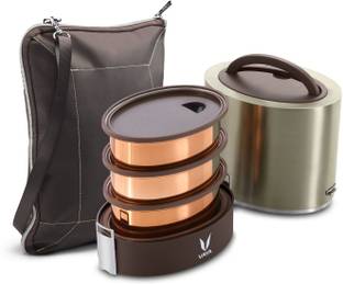 Vaya Tyffyn 1000 ml Graphite Copper-Finished Stainless Steel Tiffin Box with BagMat (One 400 ml + Two 300 ml Containers) - 3 Containers Lunch Box