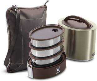 Vaya Tyffyn Lyte 1000 ml Graphite Polished Stainless Steel Tiffin Box with BagMat (One 400 ml + Two 300 ml Containers) - 3 Containers Lunch Box