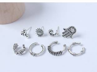 येल्लो चाइम्स Trandy Combo Of 8 Pcs Antique Oxidized Silver Bohemian Mismatch Fashion Ear Stud Earring Brass Stud Earring
