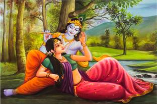 Masstone Radha Krishna Sparkle Coated Self Adhesive Painting Without Frame Digital Reprint 24 inch x 36 inch Painting