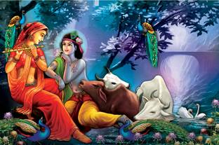 Masstone Radha Krishna God Religious Sparkle Coated Self Adhesive Painting Without Frame Digital Reprint 24 inch x 36 inch Painting