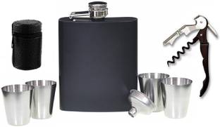 Protos India.Net Black Matt Hip Flask Funnel Wine Bottle Opener Shot Glasses 8 - Piece Bar Set