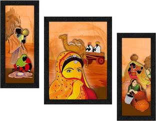 Art Amori Rajasthani women 3 Piece Painting with Synthetic Frame Digital Reprint 13.5 inch x 22.5 inch Painting