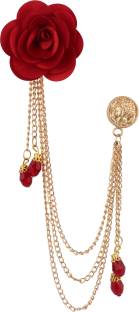 Panjatan Ravishing Red Pearl Toned Rose Golden Chain Pin Brooch