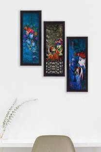 eCraftIndia Set Of 3 Lord Krishna and Lordess Radha Satin Matt Textured UV Canvas 53.34 cm x 40.64 cm Painting
