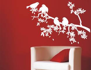 INDIA WALL STICKER 58 cm India Birds Sitting On Tree Branch With Flowers Wall Decal & Sticker Removable Sticker