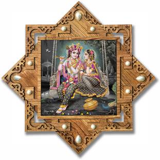 Poster N Frames Radha Krishna Hand Crafted Wooden Photo Frame | For Pooja Room Digital Reprint 16.5 inch x 16.5 inch Painting