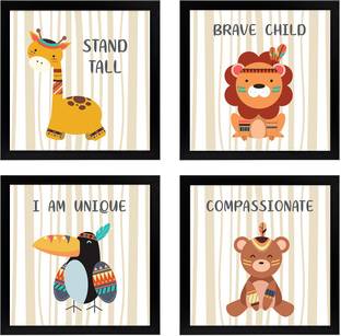 Kids room decors - Wall frames for kids - Synthetic Wood Art motivational Quotes - Play school wall decor- (23 cm x 23 cm x 4 cm) set of 4 – Multicolor. Paper Print
