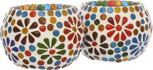 JaipurCrafts Set of 2 Mosaic Glass TeaLight Votive Candle Holder with Tea Light Candles for Living Room Table Home Decor Indoor Outdoor Decorations (Multicolor, Glass) Glass 2 - Cup Tealight Holder Set