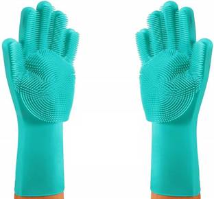 Shopeleven Rubber Silicon Household Safety Wash Scrubber Heat Resistant Kitchen Gloves for Dish washing, Cleaning, Gardening Wet and Dry Glove hand gloves for kitchen Wet and Dry Glove (Free Size) Wet and Dry Glove Set