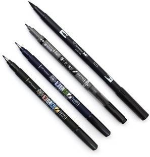 Tombow Fudenosuke Pen Combo - Hard (GCD-111), Soft (GCD-112), Dual Brush(GCD-121) and Dual Pen Black (N15) Marker Ink