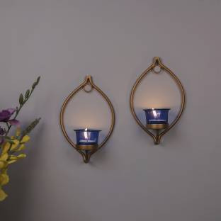 Flipkart SmartBuy Set of 2 Decorative Golden Eye Wall Sconce/Candle Holder with Blue Glass and Free T-Light Candles Iron, Glass Tealight Holder Set