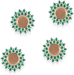 Homesake Sea-Green Crystal Diya with T-Light- Set of Four, Candle Holder Stand with Free Candle Crystal Tealight Holder Set