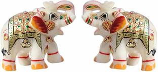 Fashion Bizz Rajasthani Handmade Small Elephant Marble Pair Handicraft Decorative Showpiece  -  6 cm