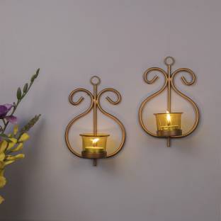 Homesake Set of 2 Decorative Golden Wall Sconce/Candle Holder With Yellow Glass and Free T-light Candles Iron 2 - Cup Tealight Holder Set