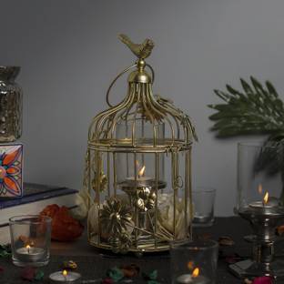 Flipkart SmartBuy Golden Bird Cage with Floral Vine Small Single, with hanging chain Iron Candle Holder