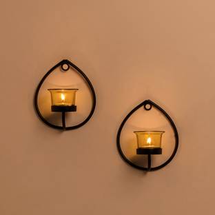 Flipkart SmartBuy Set of 2 Decorative Black Drop Wall Sconce/Candle Holder with Yellow Glass and Free T-Light Candles Iron 2 - Cup Tealight Holder Set