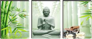 Masstone Buddha Meditating Religious 3 Piece MDF Painting Digital Reprint 12 inch x 27 inch Painting