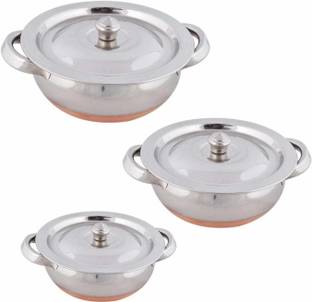 AXOLOTL Premium Handi Set in Stainless Steel Copper Bottom with Lid and Handle Handi for Cooking Serving Rice or Biryani for Moderd kitchens ( Set of 3 ) Handi 500 L, 750 L, 1250 L with Lid