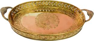 Tangerine Brass Oval Tray with Cut-Work & Peacock Design- 8.5 x 6 Inch Tray Serving Set
