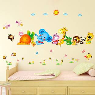 Aquire 105 Wall Stickers Kids Room Happy Cute Elephant Monkey Cartoon Animals for Baby Room Nursery Design Jungle Theme Vinyl Self Adhesive Sticker
