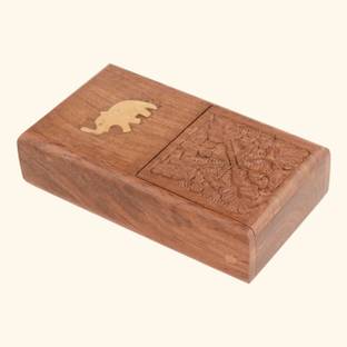 Kesha Spree Wooden Pocket Cigarette Case Holder Stand Hand Carved - Export Quality - Suitable for Cigarette Case upto 4 Inch. Brown Wood, Brass Ashtray