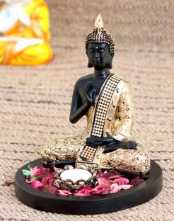 Craft Junction Handcrafted Blessing Lord Buddha With Tealight holder and Wooden Base Polyresin 1 - Cup Tealight Holder