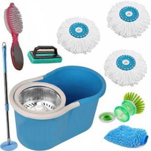 GTE Easy Magic Spin Floor Mop Bucket Mop with Steel Spinner 3 Refill Mop Combo Mop Set