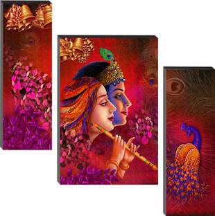 Masstone Radha Krishna Pink Background Religious HD 3 Piece MDF Panel Painting Digital Reprint 18 inch x 24 inch Painting