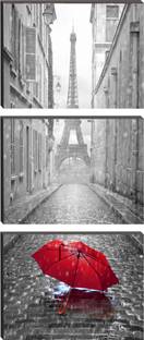 Masstone Red Umbrella Paris City Street View Modern Art 3 Piece MDF Painting Digital Reprint 12 inch x 27 inch Painting