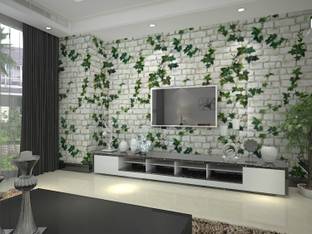 Wow Interiors 200 cm White Brick and green leaf Peel Removable Sticker