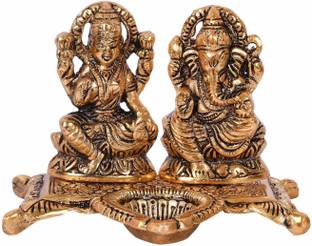 Bansiwal Laxmi Ganesh Ji Idol Showpiece Oil Lamp Diya Deepak - Metal Gold Decorative Showpiece  -  10 cm