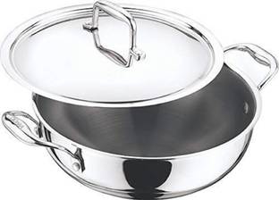 VINOD by Vinod Cookware Induction Friendly Platinum Triply Stainless Steel SAS Deep Kadai with Stainless Steel Lid Kadhai 20 cm diameter with Lid 1.5 L capacity