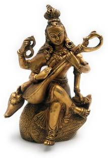 Bhunes Bhunes Sculptures - Brass Saraswati Statue| Goddess Saraswati Statue | Vidya Devi Idol | Saraswathi Brass Idol | Home Décor | Saraswati Idols | Saraswati Murti | Goddess Saraswati Idol (Brass, 19Cm) Decorative Showpiece  -  19 cm
