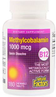 Natural Factors B12, Methylcobalamin, 1000 mcg, 180 Chewable Tablets
