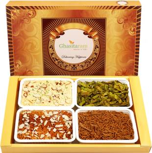 Ghasitaram Gifts Mithai-Box of Soan Papdi, Dodha Barfi, Potato Palak Chips & Sev Combo