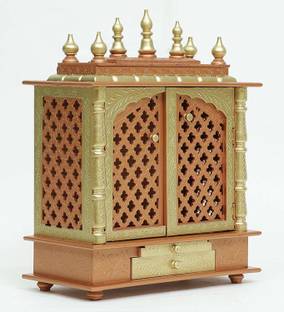 Marusthalee Copper Gold Home temple with door and light Solid Wood Home Temple