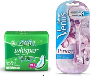 Whisper Ultra Clean Sanitary Pads XL Plus 44 Pc Venus Breeze Razor