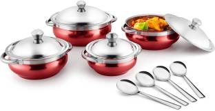 Jensons Red 4 Handi with lid + 4 Serving Spoon Bowl, Spoon Serving Set