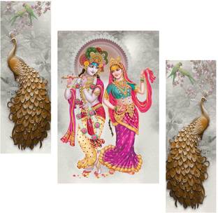 Art Amori Shree Radhe Krishna with Peacock 3 Piece MDF Painting Digital Reprint 12 inch x 18 inch Painting