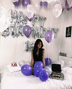 SOI Happy Birthday Letter Toy Foil Balloon Set with 30 HD Metallic Purple Silver White Balloons Kit with Ribbon