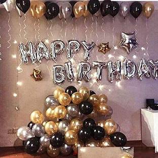 SOI Happy Birthday Letter Toy Foil Balloon Set with 30 HD Metallic Black Golden Silver Balloons Kit with Ribbon