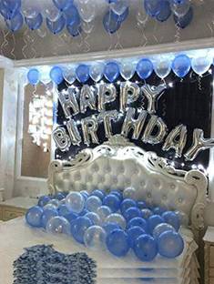 SOI Happy Birthday Letter Toy Foil Balloon Set with 30 HD Metallic Blue Silver Balloons Kit with Ribbon