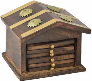 IQ HANDICRAFTS Square Reversible Wood Coaster Set