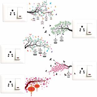 Decopix Nature - Tree - Birds - Cage - Colorful - Decorative Wall Sticker Combo Pack For Switch Panel Board, Laptop, Fridge.- DP4066 Pack of 5