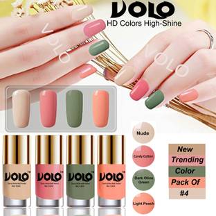 Volo Dazzling Glow Long Stable High Definition Nail Polish Combo Set Combo-No-01 Nude, Candy Cotton, Dark Olive Green, Light Peach