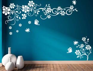 Heaven Decors 75 cm Flower And Butterfly white Wall Sticker and Wallpaper Self Adhesive Sticker