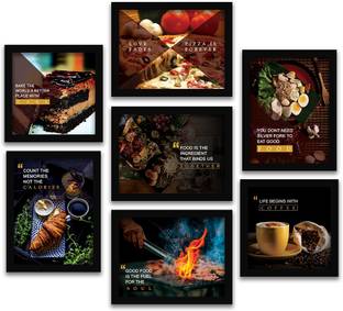 Restaurant Theme - Framed wall posters with glass frame | Framed posters for kitchen / room / restaurant decor - set of 7 Paper Print